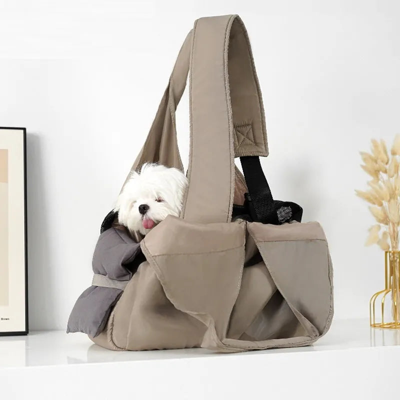 Apricot-coloured cloth pet handbag for small dogs and cats showing dimensions of 41cm by 16cm by 28cm