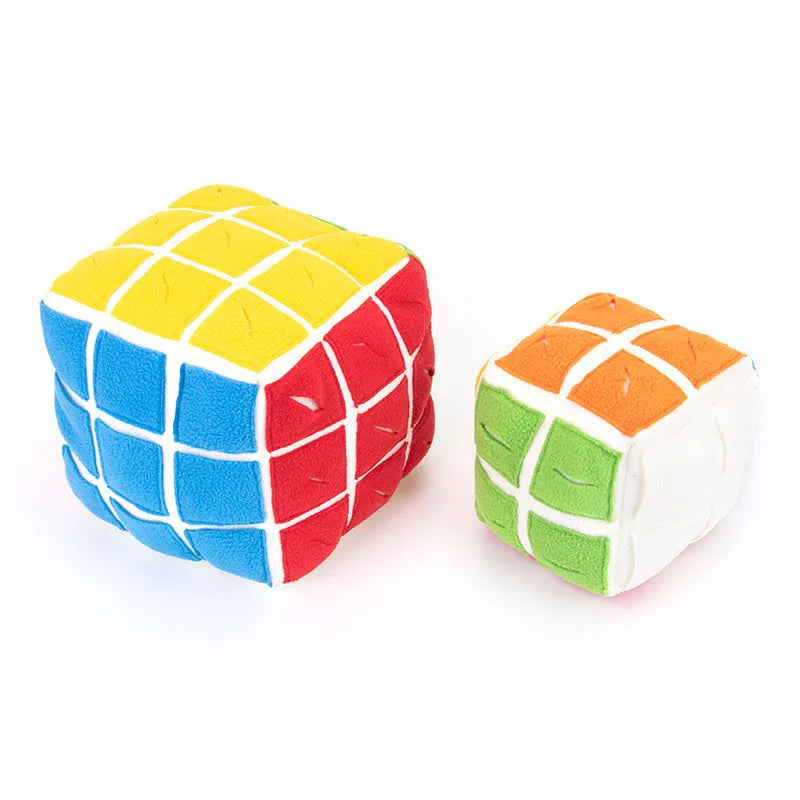 Pet Rubik's Cube sniffing toy made from polar fleece fabric, showing cube with treat compartments, for dogs and cats.