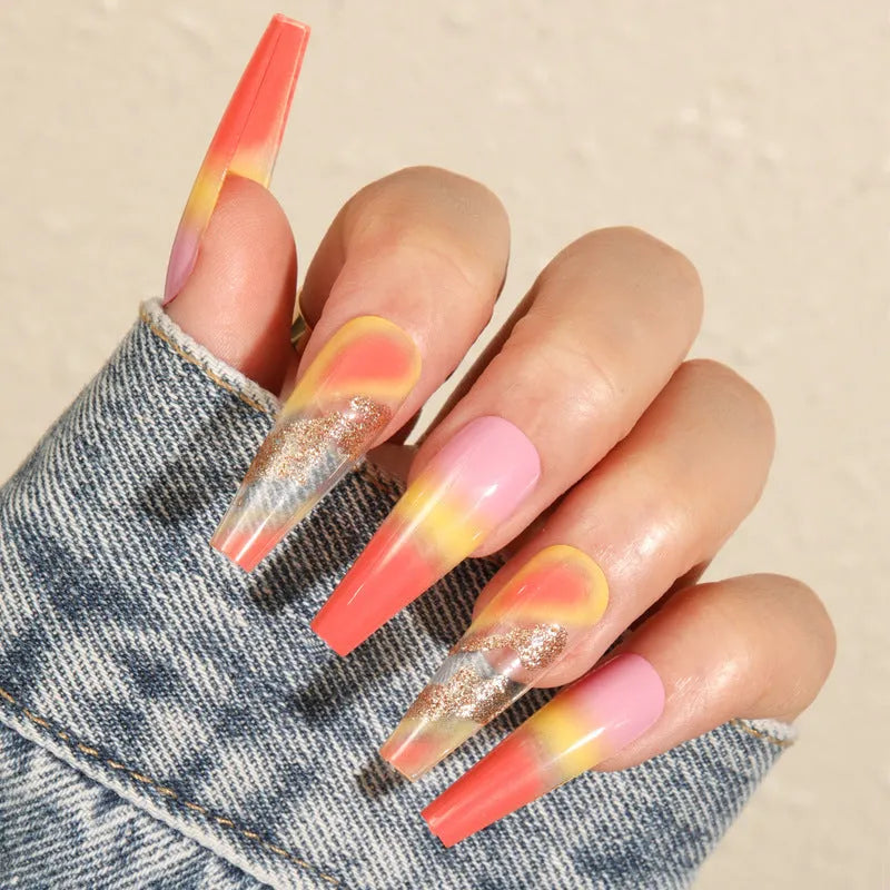Rainbow gradient marble long pointed fake nails with glue, 24 pieces