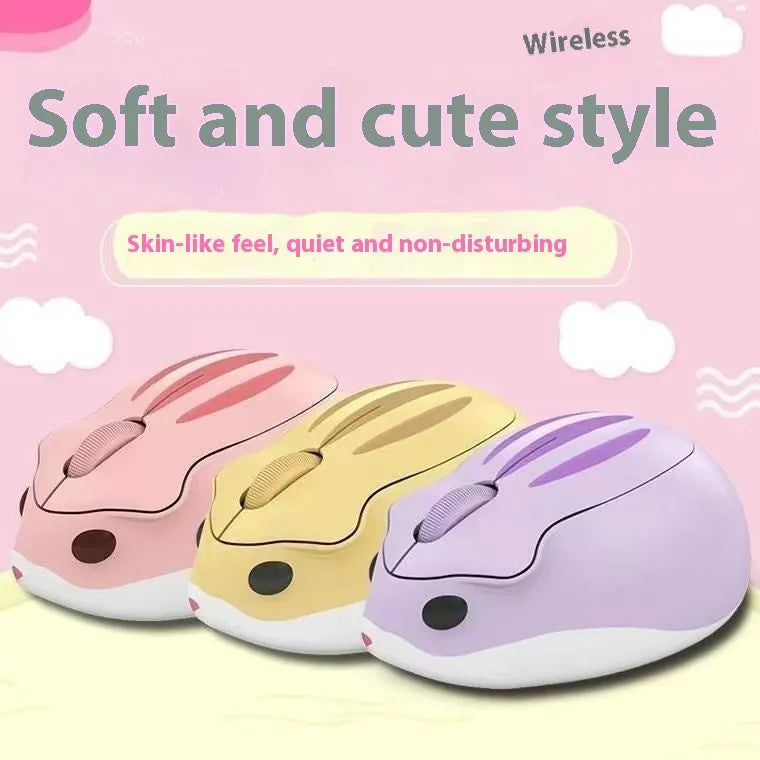 Hamster Wireless Bluetooth Silent Mouse in yellow, pink, and grey colours on a desk