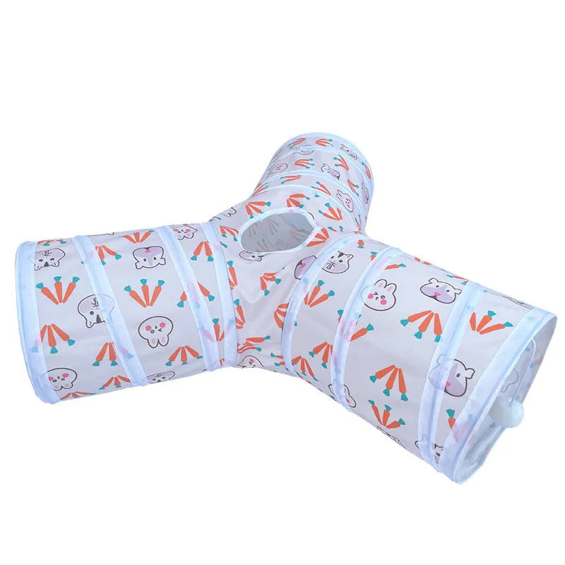 Suede three-channel foldable cat tunnel in T-shape design for indoor pet play and exercise