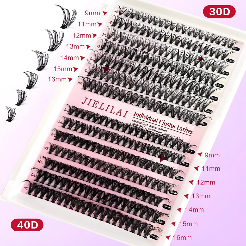 DIY mixed package of 30D and 40D cluster false eyelashes with tweezers on a pink background.