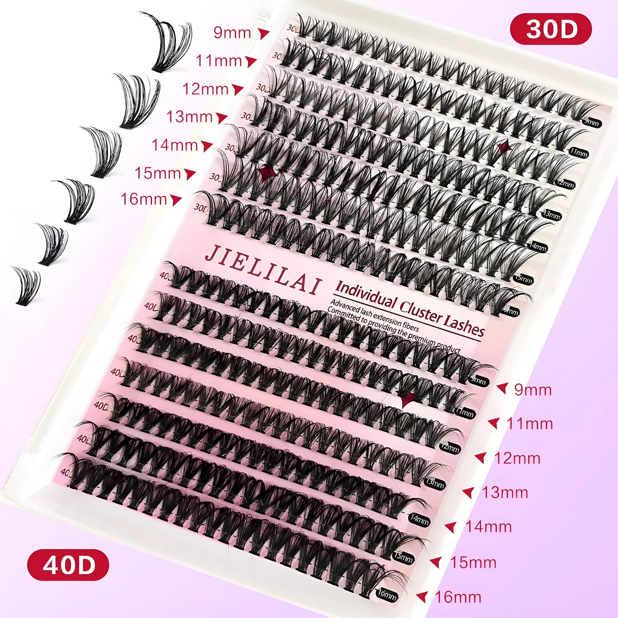 DIY mixed package of 30D and 40D cluster false eyelashes with tweezers on a pink background.