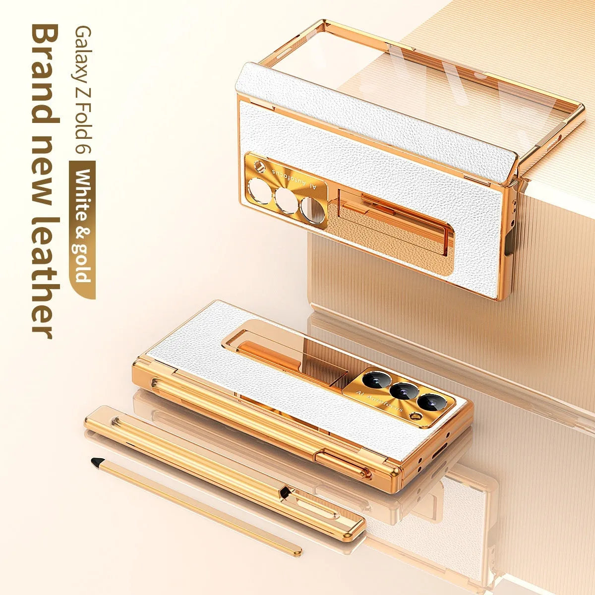 Electroplated imitation leather double hinge phone case for Samsung Z Fold with pen slot and bracket in gold