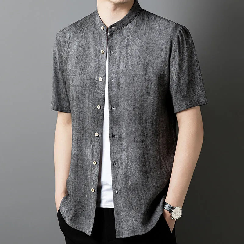 Men's loose fit linen-style shirt in chemical fibre blend fabric with stand collar and short sleeves