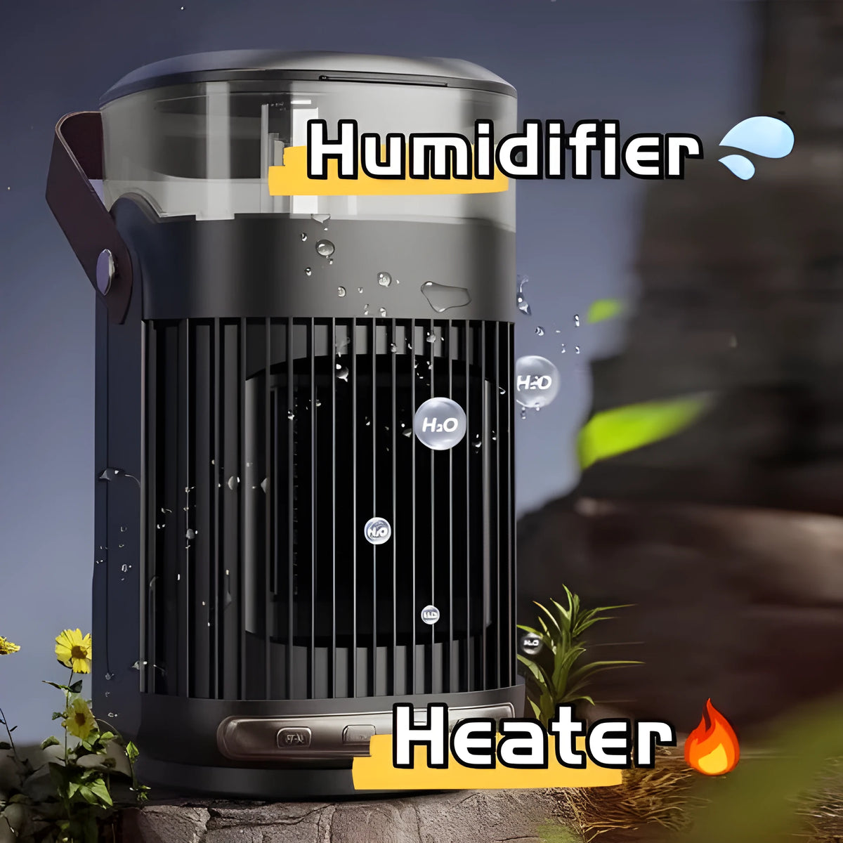 Black portable heater humidifier 2-in-1 unit with compact 24x13x13cm size for desk use