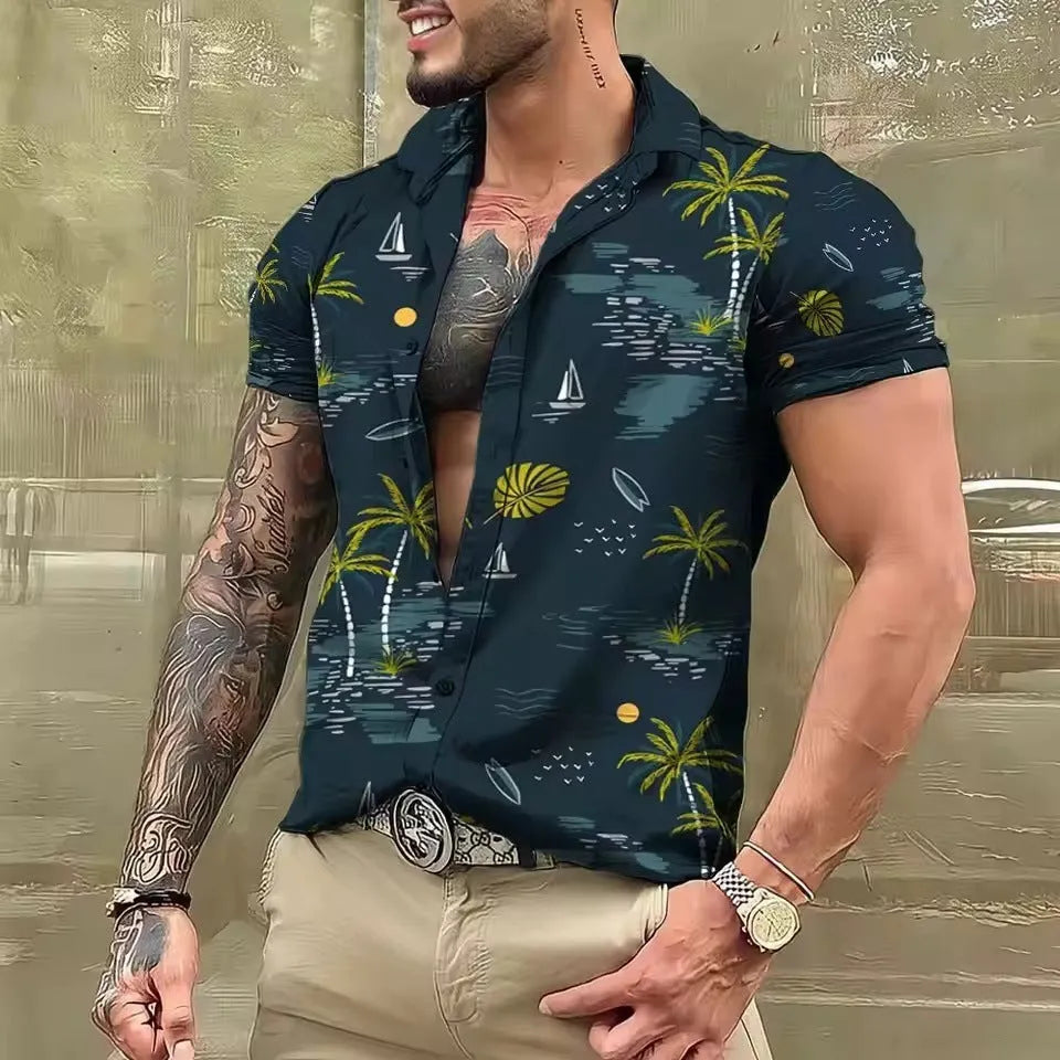 Men's loose floral print beach shirt in cardigan style with short sleeves on polyester fabric