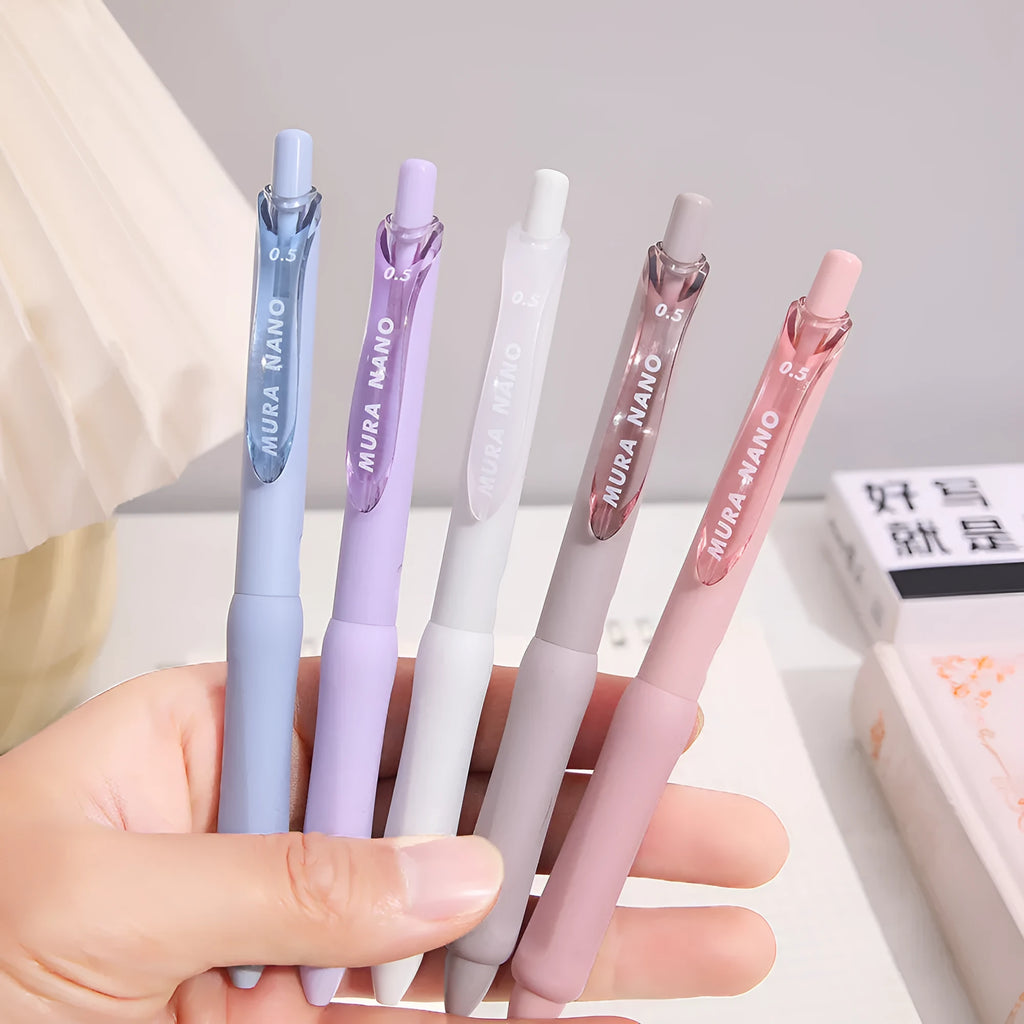 Macaron series press gel pen with 0.5mm tip in smoked brown, white, or powder colour.