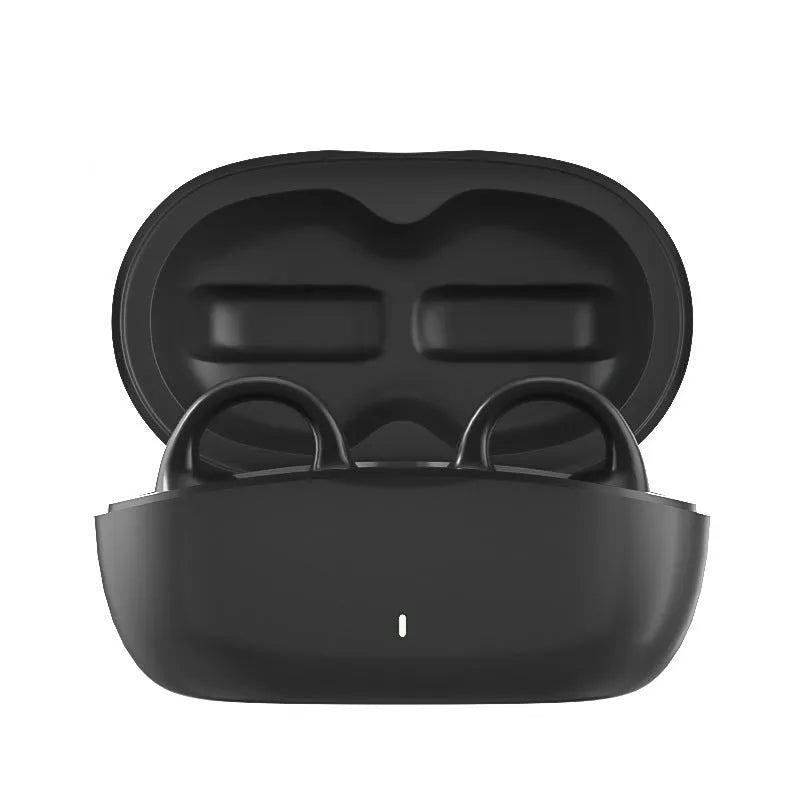 Black bone conduction true wireless Bluetooth headset with clip-on design and charging case