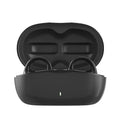 Black bone conduction true wireless Bluetooth headset with clip-on design and charging case