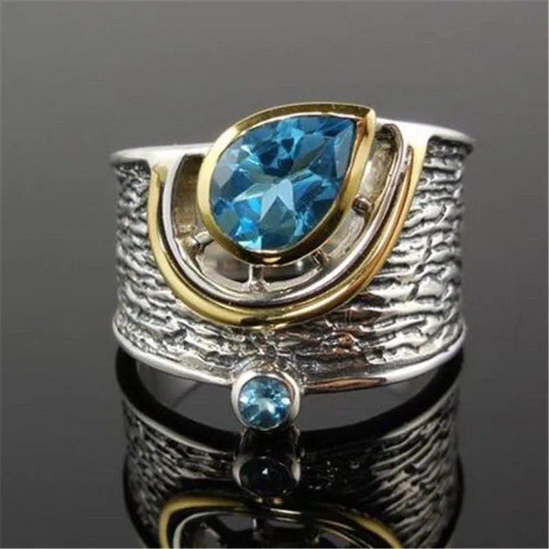 Blue Chinese style women's ring with zircon rhinestones in drop shape design