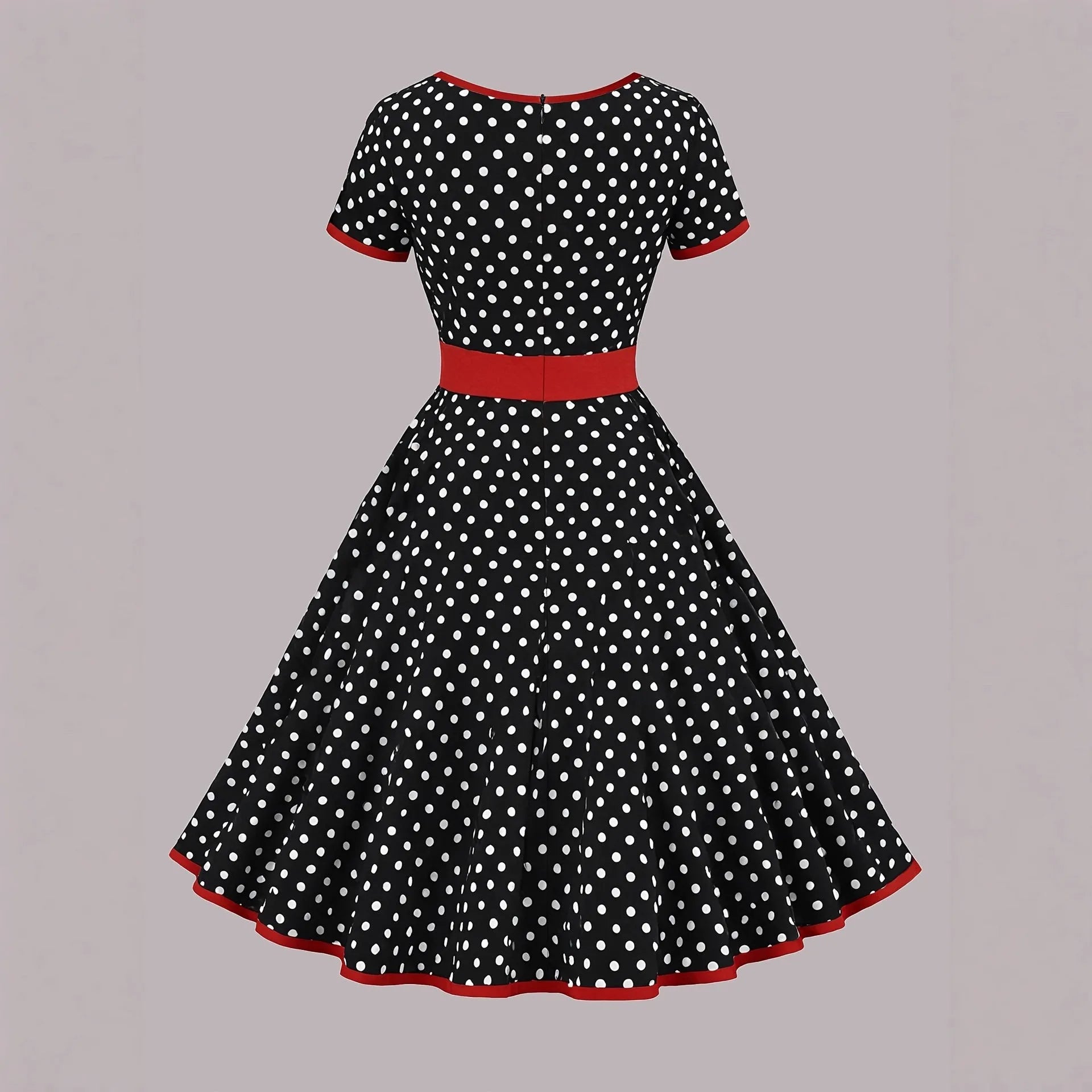 Women's square collar short sleeve dress with polka dot print, front zipper, and pleated mid-length skirt.