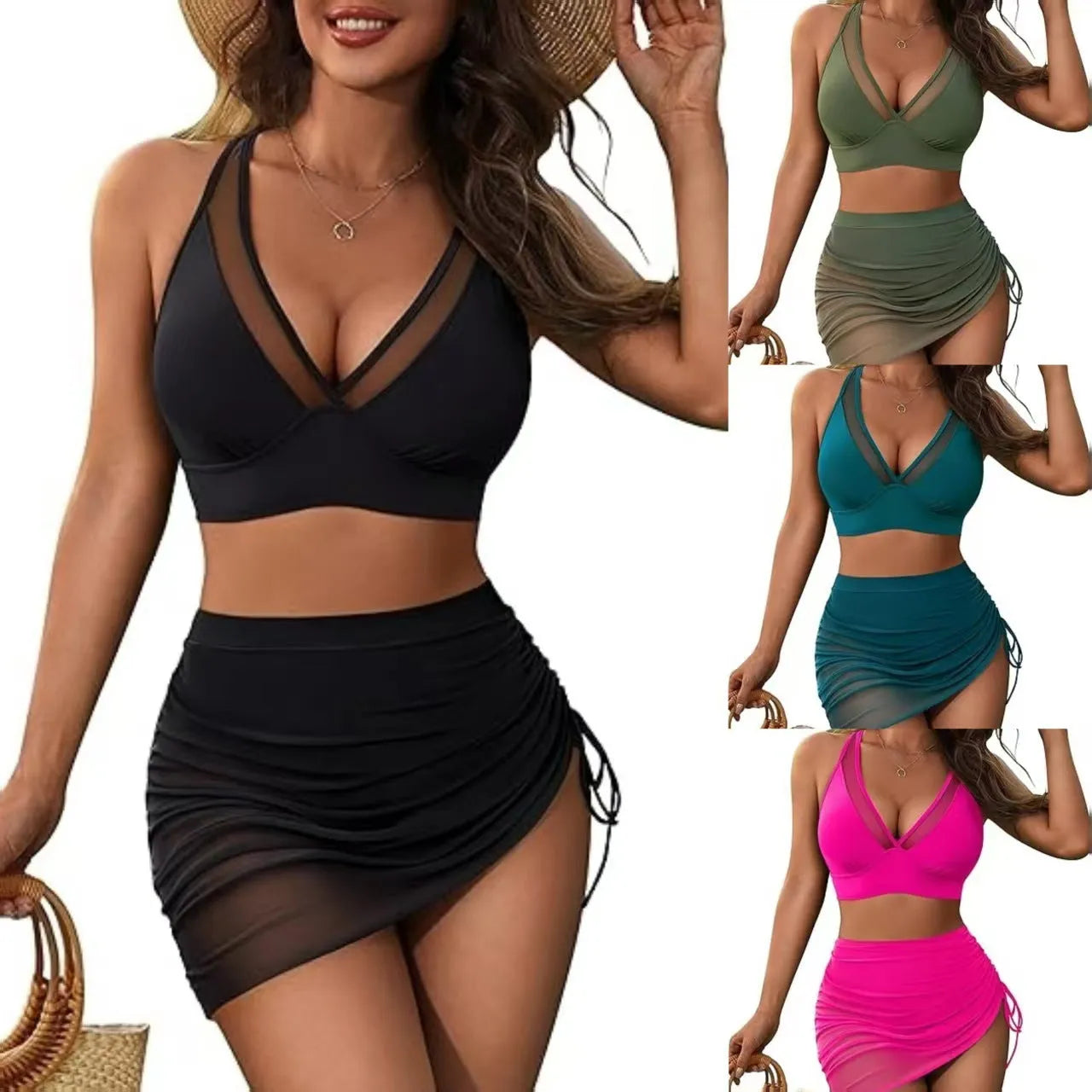 Women's solid colour swimsuit with mesh stitching and drawstring split detail