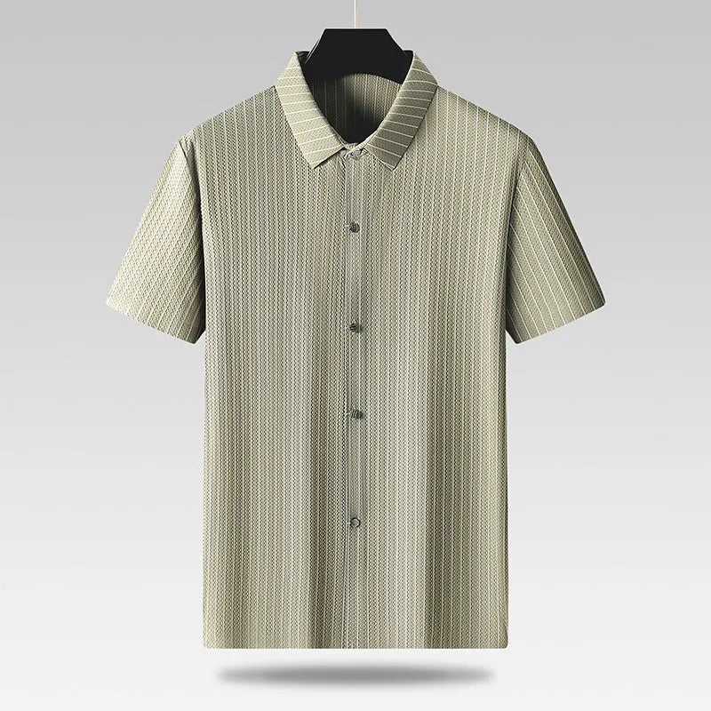 A man wearing a black plus size loose fit striped casual shirt with a square collar.