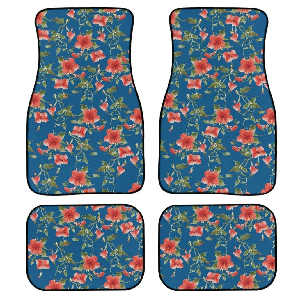 Black printed rubber car floor mats, four-piece set showing textured surface and 20mm thickness.