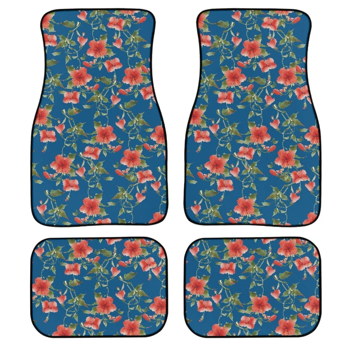 Black printed rubber car floor mats, four-piece set showing textured surface and 20mm thickness.