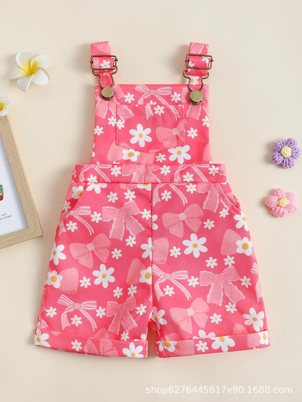 Baby flower cherry print cotton suspender pants in bright pink for toddlers fifth length