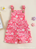 Baby flower cherry print cotton suspender pants in bright pink for toddlers fifth length