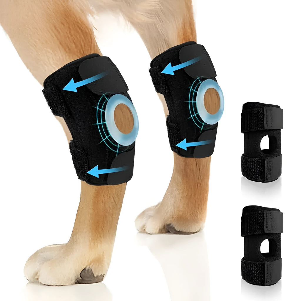 Black polyester dog leg guard or knee brace for ACL and joint injury support.