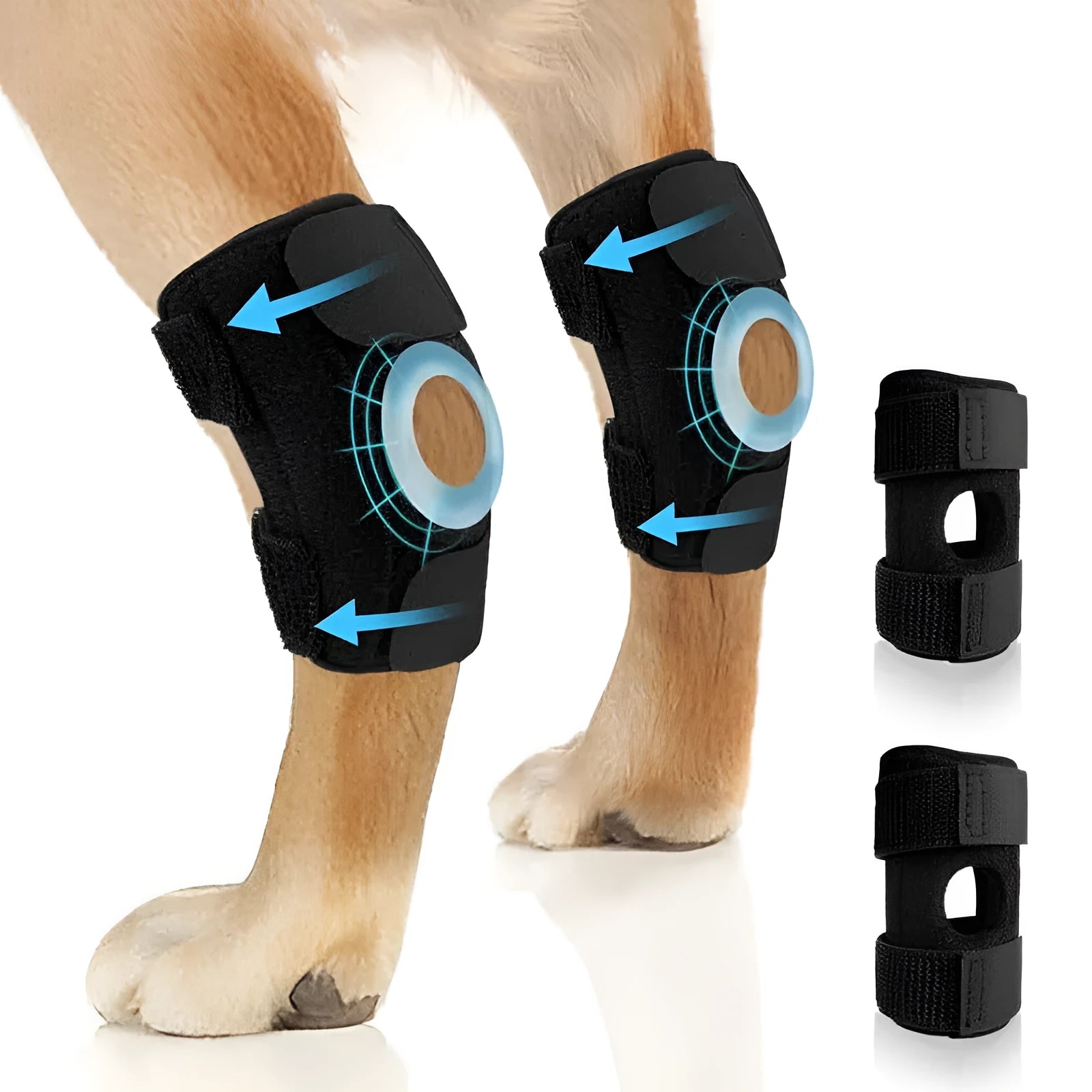 Black polyester dog leg guard or knee brace for ACL and joint injury support.