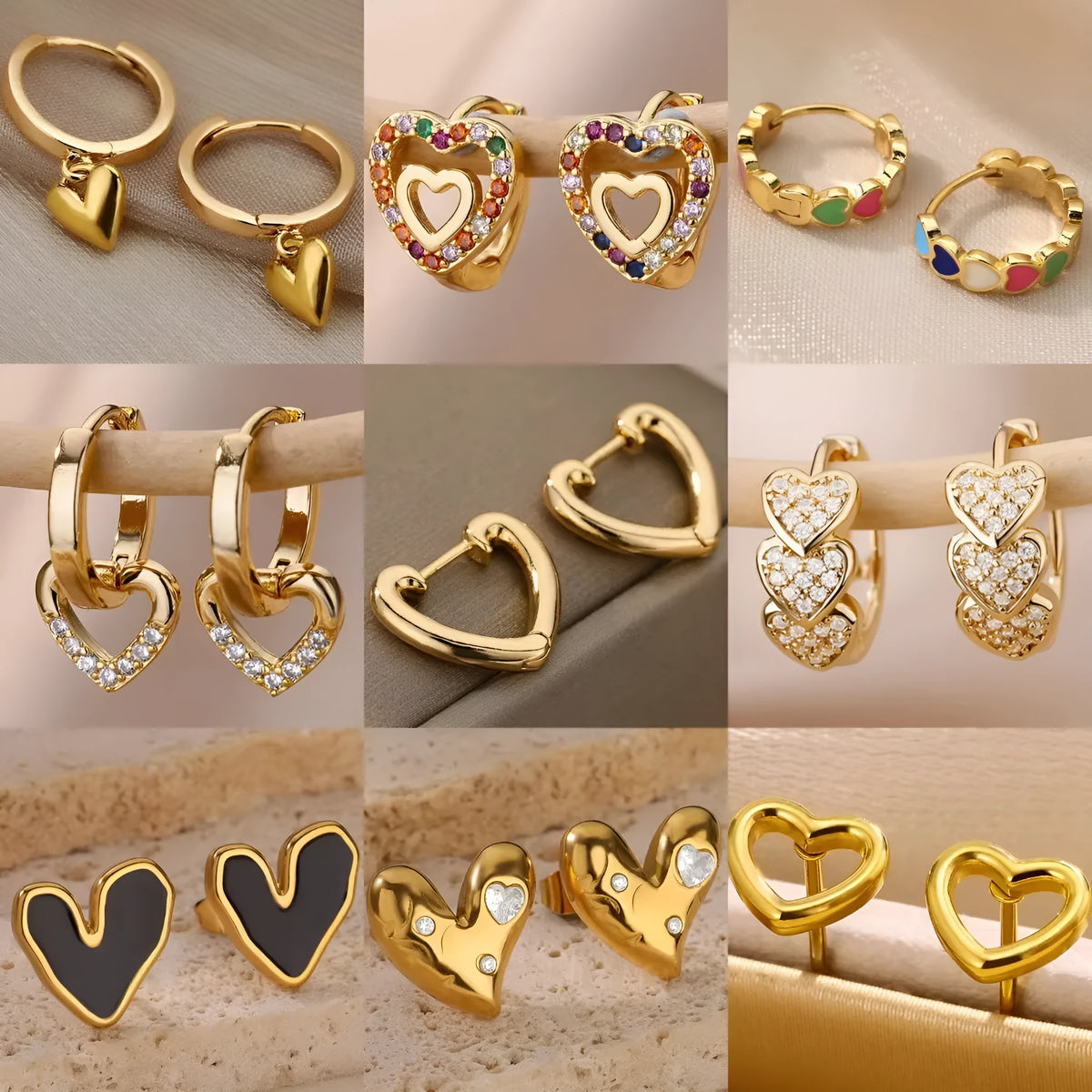 Heart-shaped zircon stud earrings with titanium steel plating in simple ear clip design