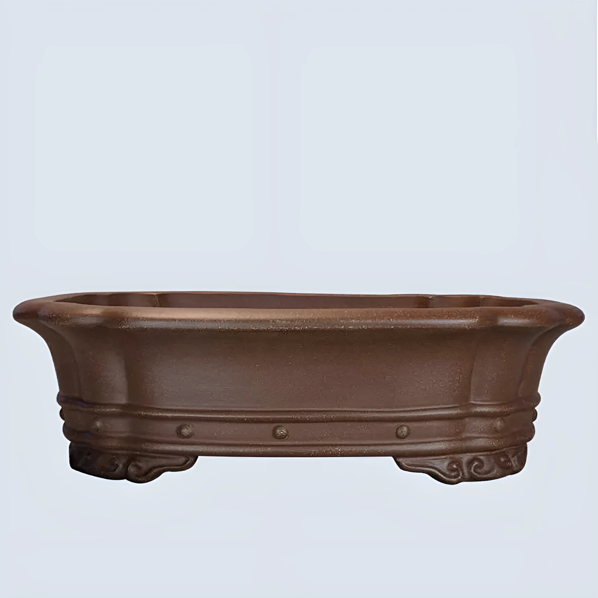 Purple clay rectangular flower pot with antique design measuring 51x41x14cm