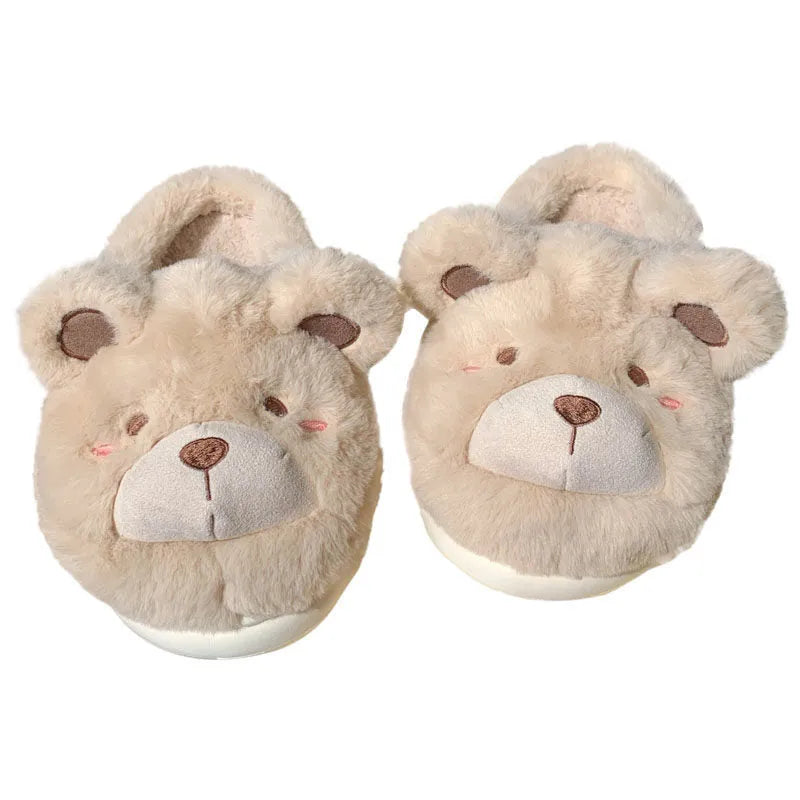 Ladies' plush slippers with suede upper, cartoon pattern, and round-toe design in milky white colour