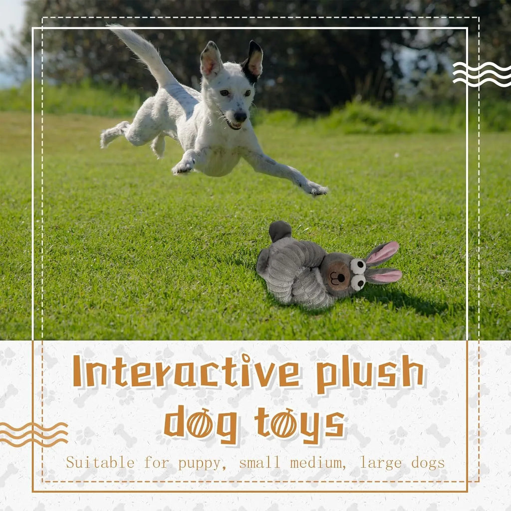 Brown squeaky plush dog toy with crinkle material measuring approximately 23cm in length