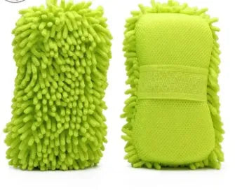 Silvery green chenille car wash sponge with spiral wool texture measuring 14 by 25 centimetres