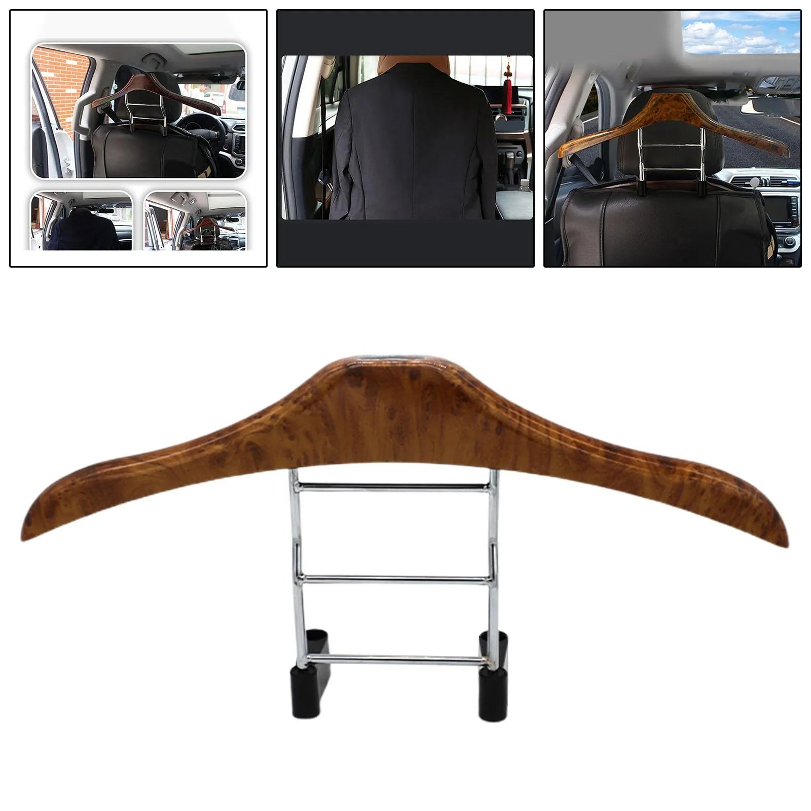 Wood yellow stainless steel car clothes hanger measuring 46.5 by 23 cm for vehicle garment transport