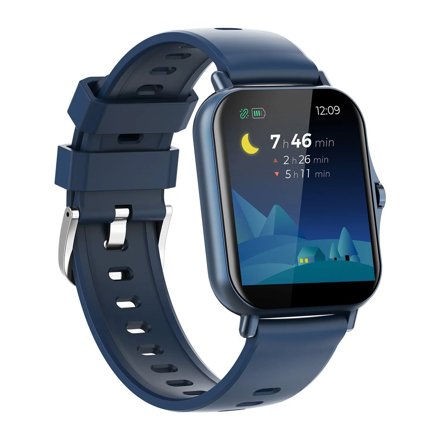 Smart watch with curved touch screen displaying heart rate monitoring interface in blue colour option