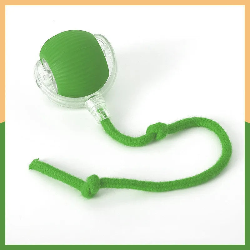Self-hi funny cat rolling ball toy in silicone, shown in red, green, and grey colour options with optional rope attachment.