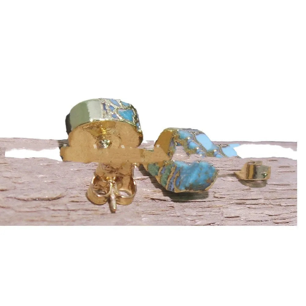 Handmade natural stone stud earrings with irregular geometric shapes on stainless steel posts