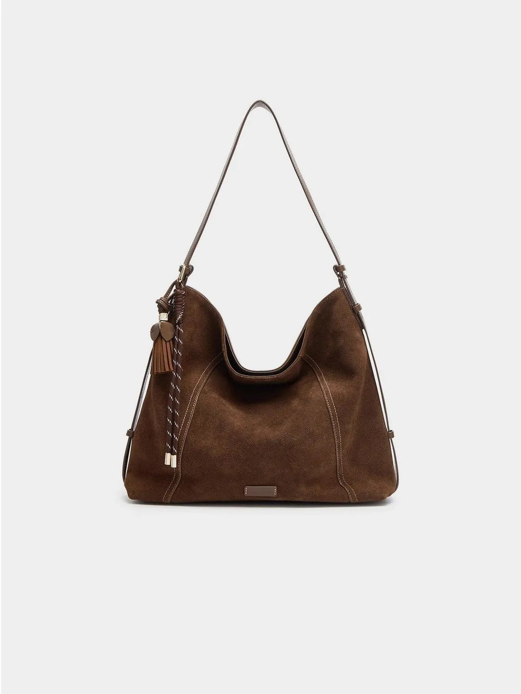 Large capacity deerskin velvet tote bag in Maillard coffee with sewing line details and crossbody strap