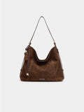 Large capacity deerskin velvet tote bag in Maillard coffee with sewing line details and crossbody strap