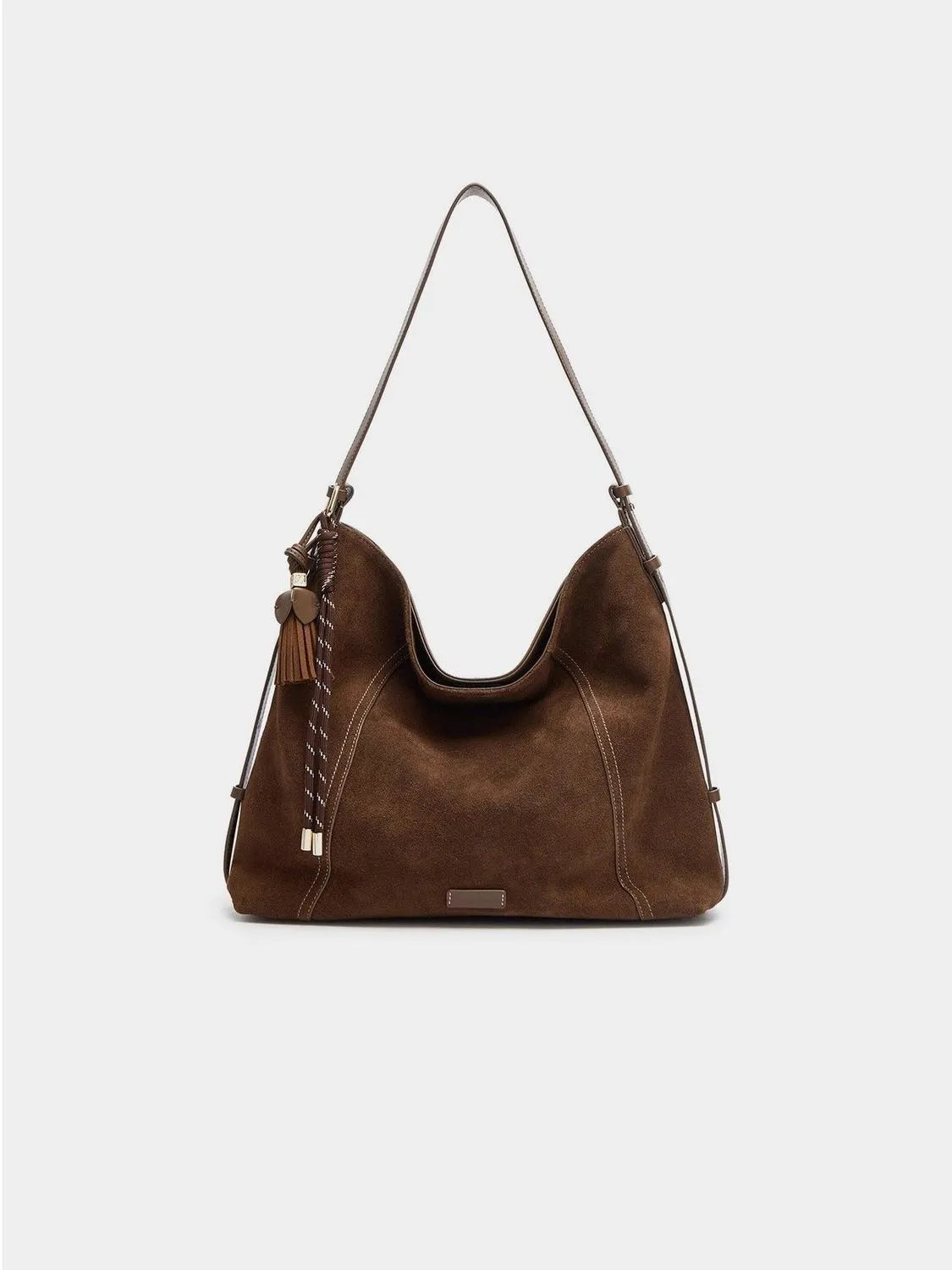 Large capacity deerskin velvet tote bag in Maillard coffee with sewing line details and crossbody strap