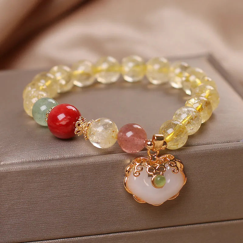 Women's natural citrine jade ruyi pendant bracelet with yellow hair crystal colour on alloy chain