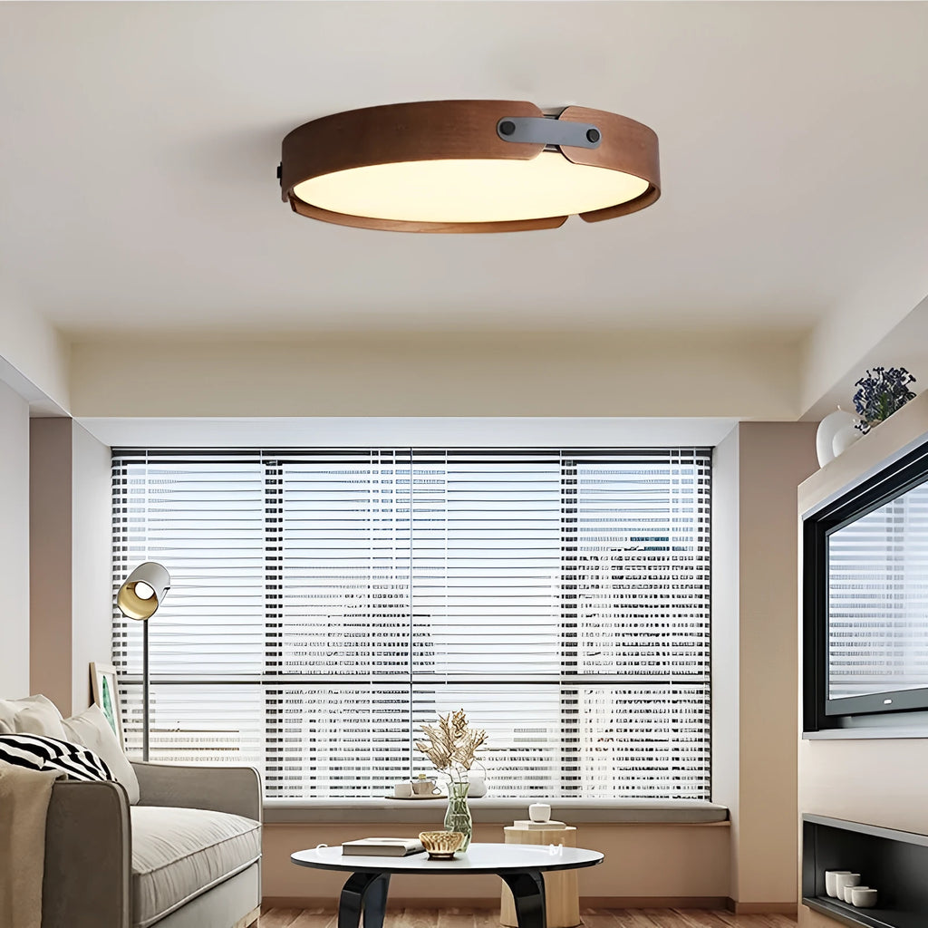 Japanese-style wooden ceiling lamp with PMMA lampshade in bedroom setting showing warm light illumination