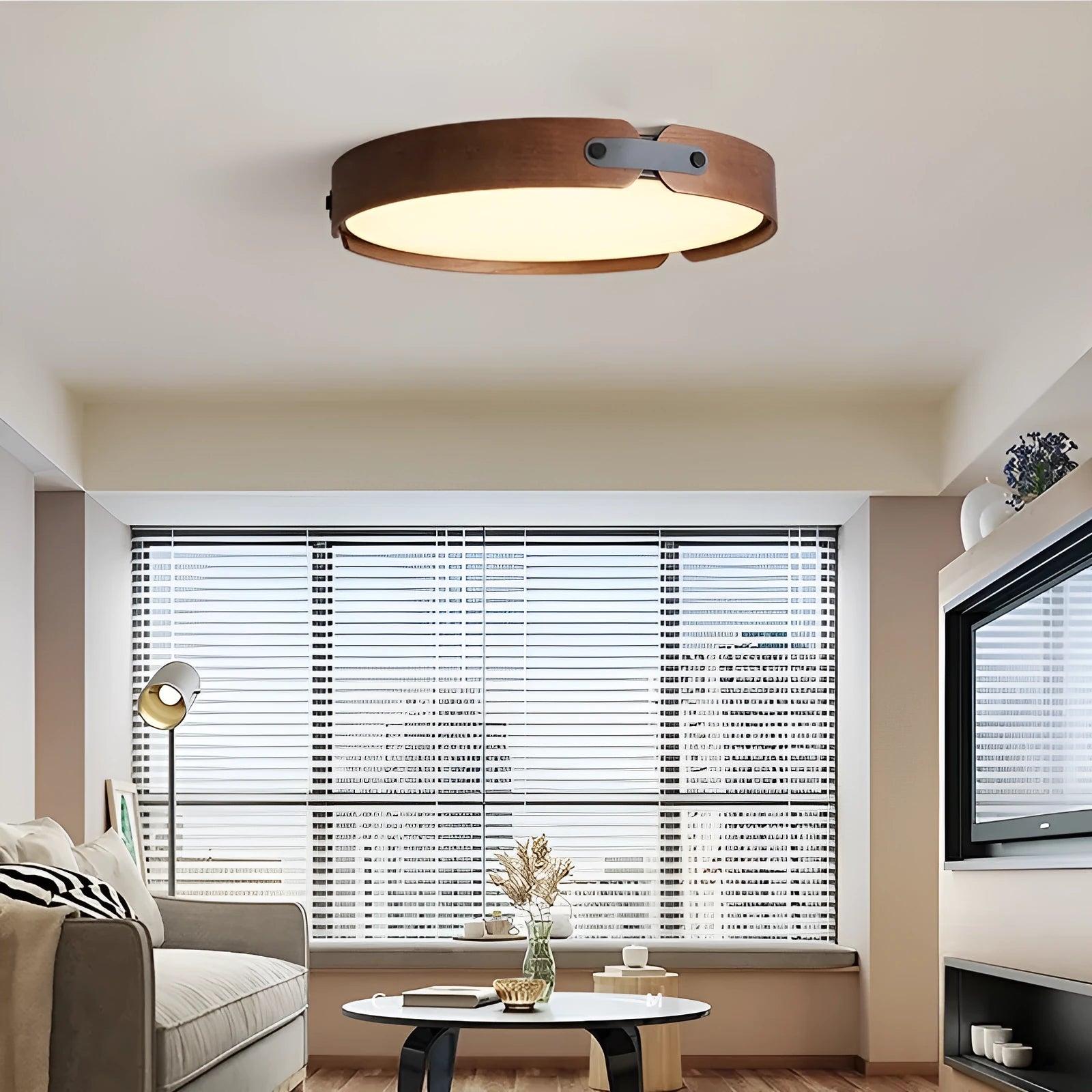 Japanese-style wooden ceiling lamp with PMMA lampshade in bedroom setting showing warm light illumination