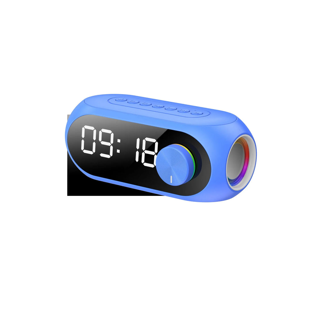 Portable USB clock speaker with digital display showing time, extra bass feature and Bluetooth/FM radio functions