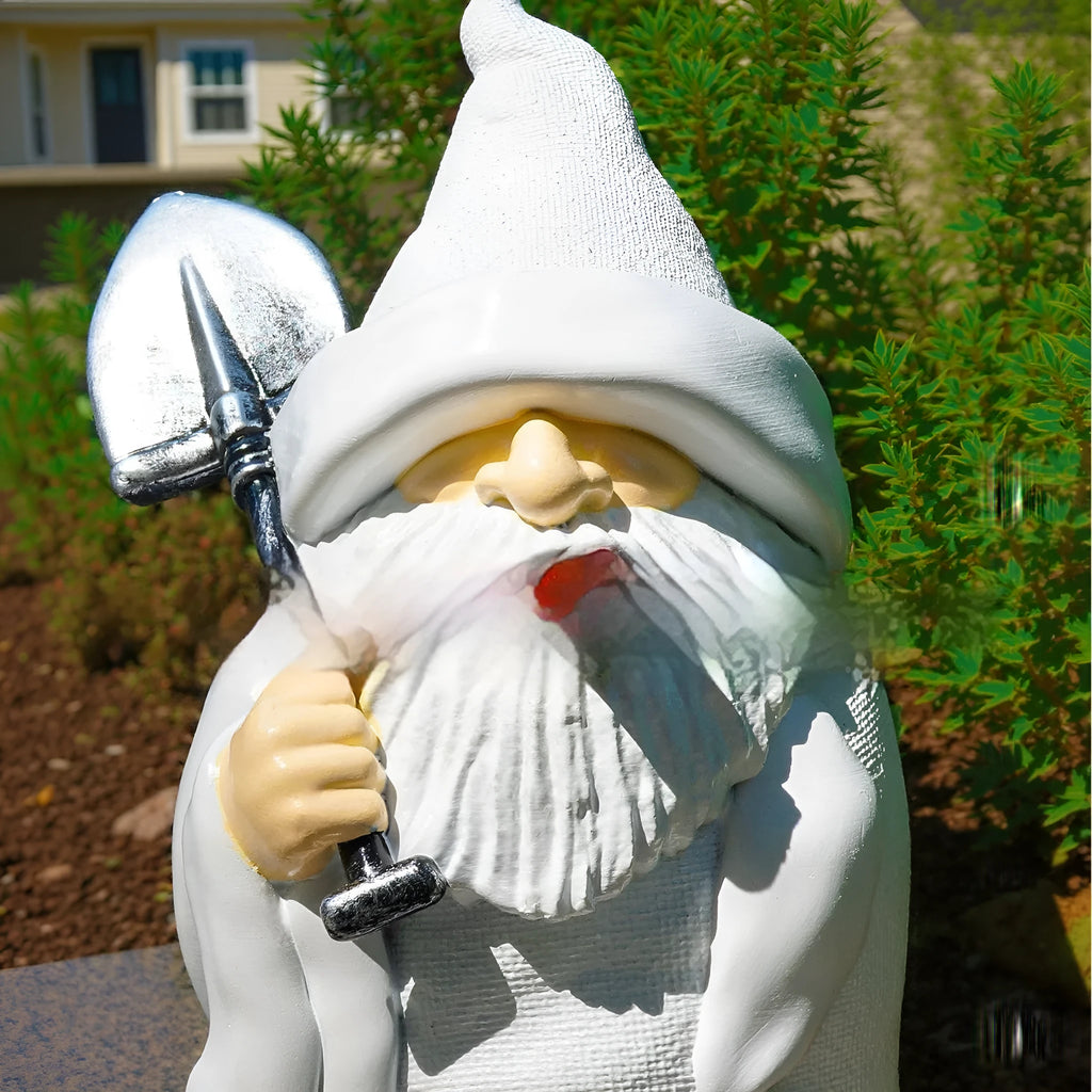 Smoking shovel dwarf Christmas garden ornament made from coloured resin and plastic materials