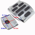 Metal motorcycle brake pedal skid plate showing three style variations for universal fit