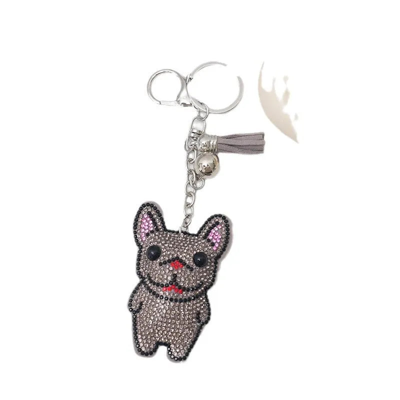 French dog cartoon design rhinestone keychain with alloy tassel pendant in caramel colour