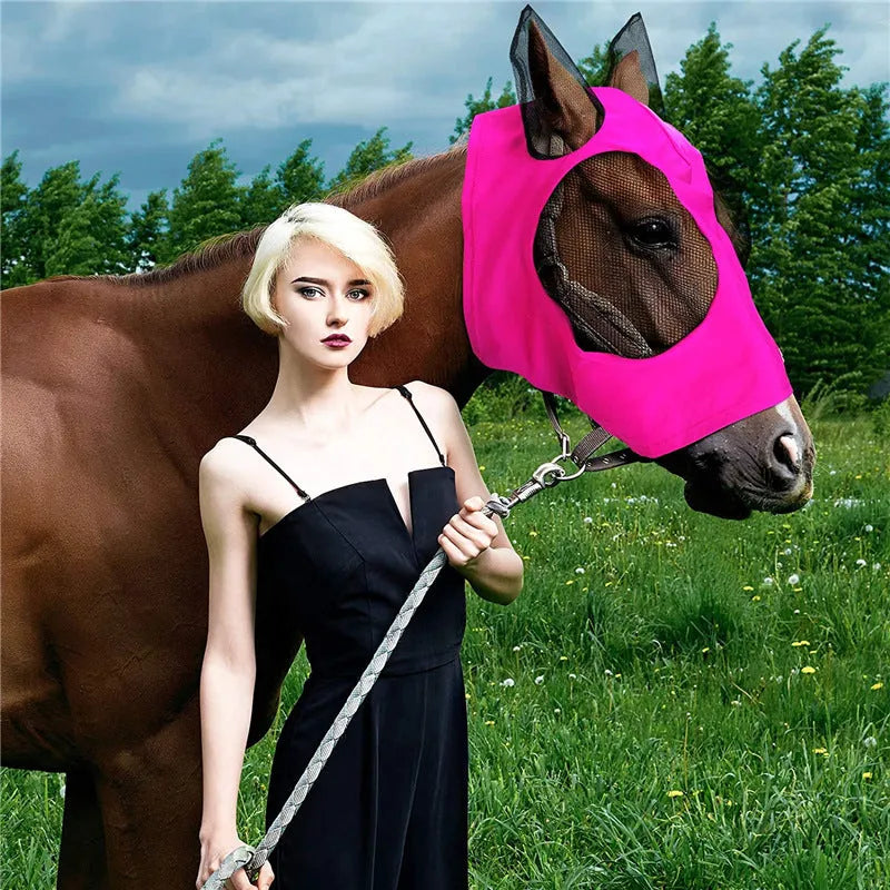 Lycra horse fly mask with ears in check pattern available in multiple colours for UV sun protection