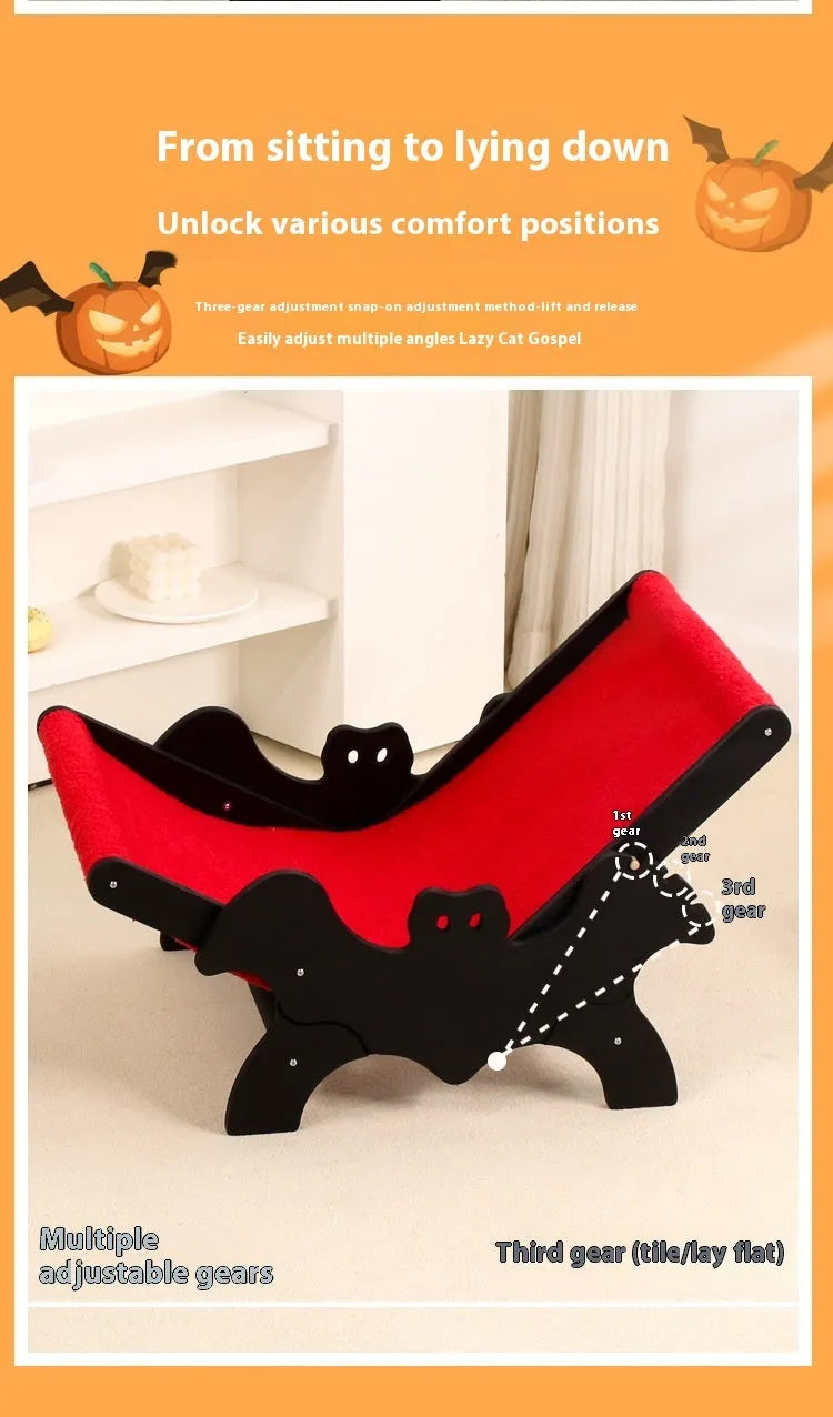 Black and red wooden cat lounge chair with bat-shaped decorative elements for Halloween themes