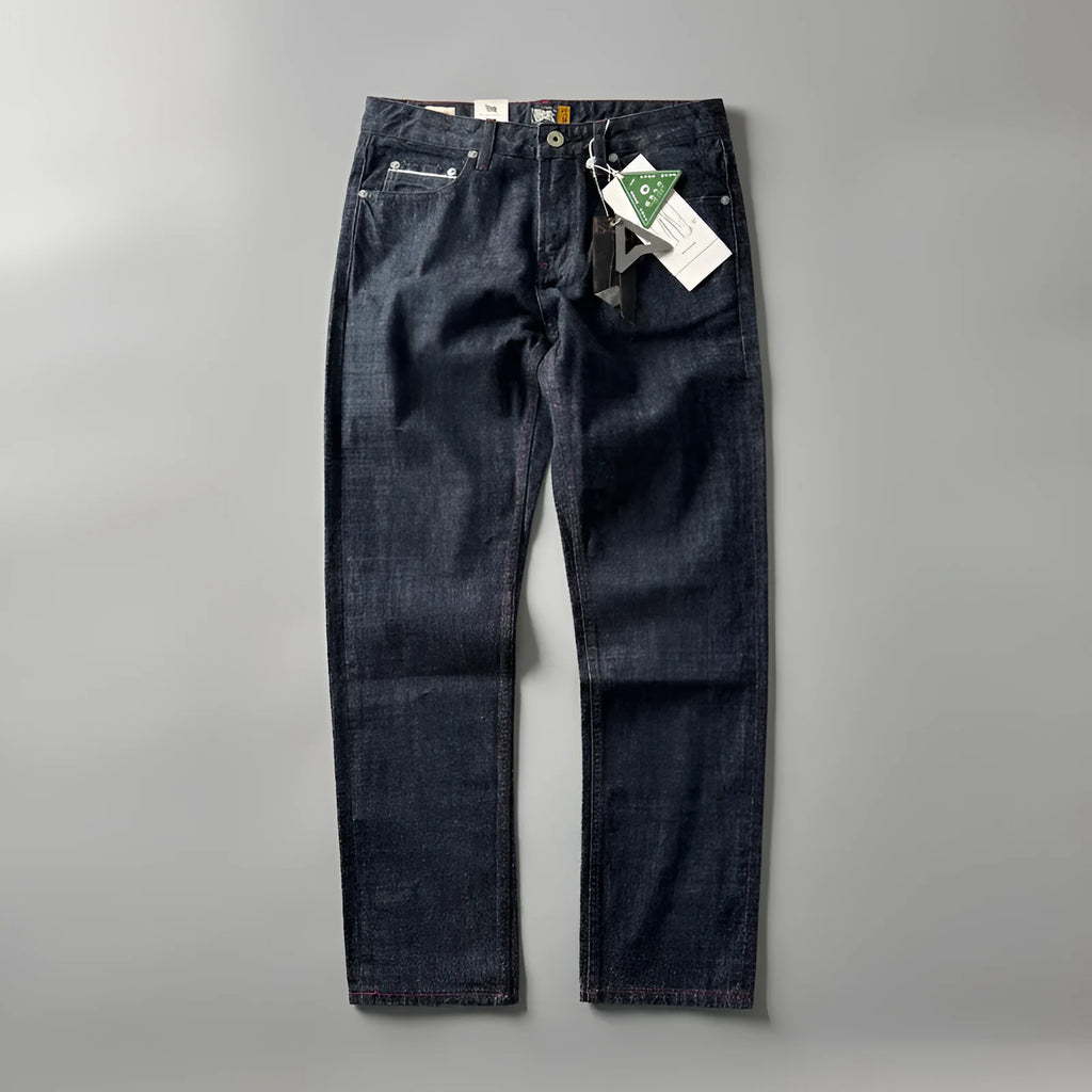 Men's primary colour American retro straight-leg denim trousers laid flat, showing mid-waist and full-length cut.