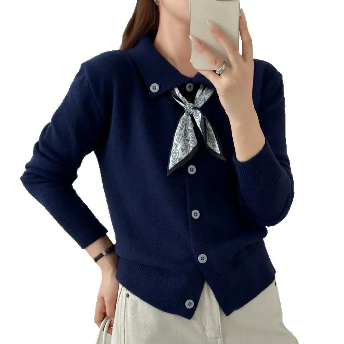 Ladies' grey lapel scarf cardigan sweater on a hanger
