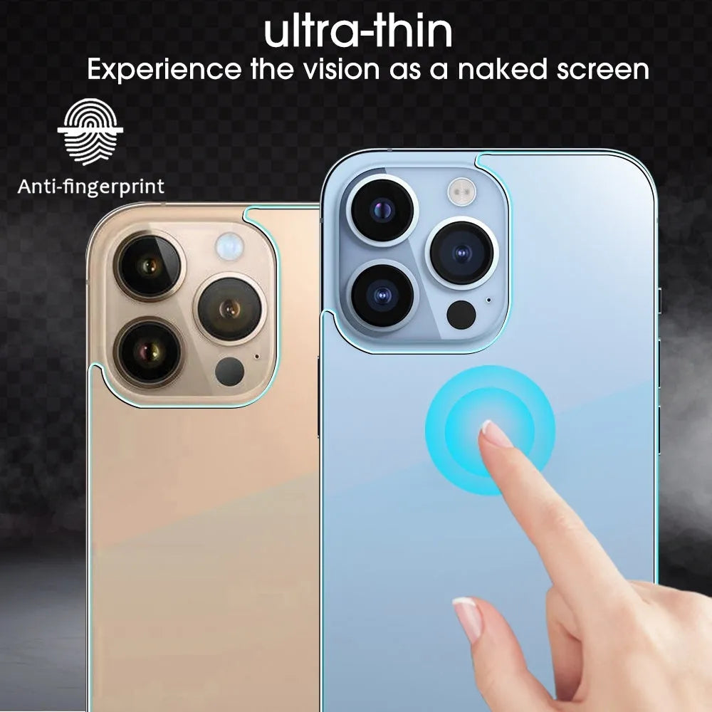 Tempered back glass film for iPhone 12 to 15 series showing rear panel protection