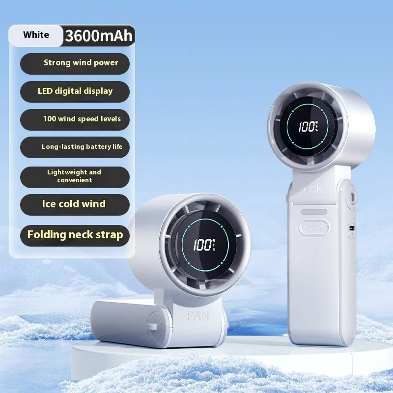 Small handheld fan with ice compress function, no blades, USB powered, compact foldable design in white.