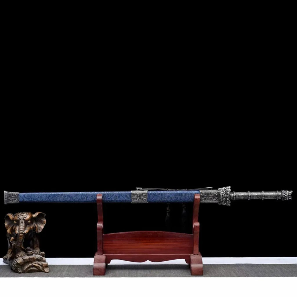 Tang-style long sword, 102cm, unsharpened manganese steel blade, solid wood leather scabbard, alloy fittings, 1.6kg